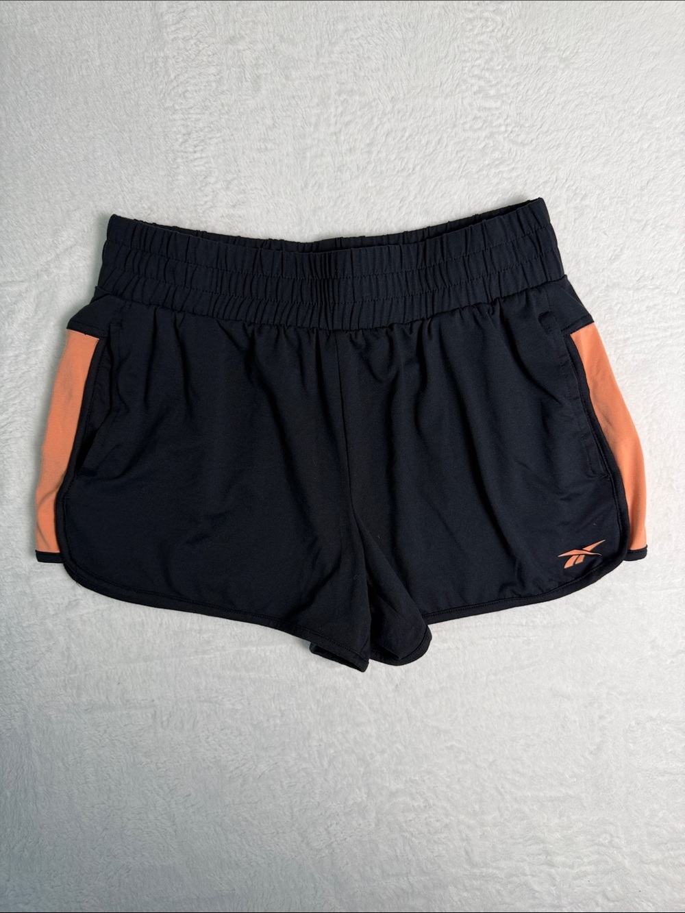 Reebok Women’s Black Athletic Shorts with Peach Side Panels Size Medium